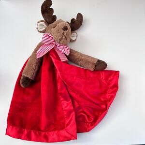 Bearington Baby Satin Red Security Blanket with Reindeer Christmas Plush